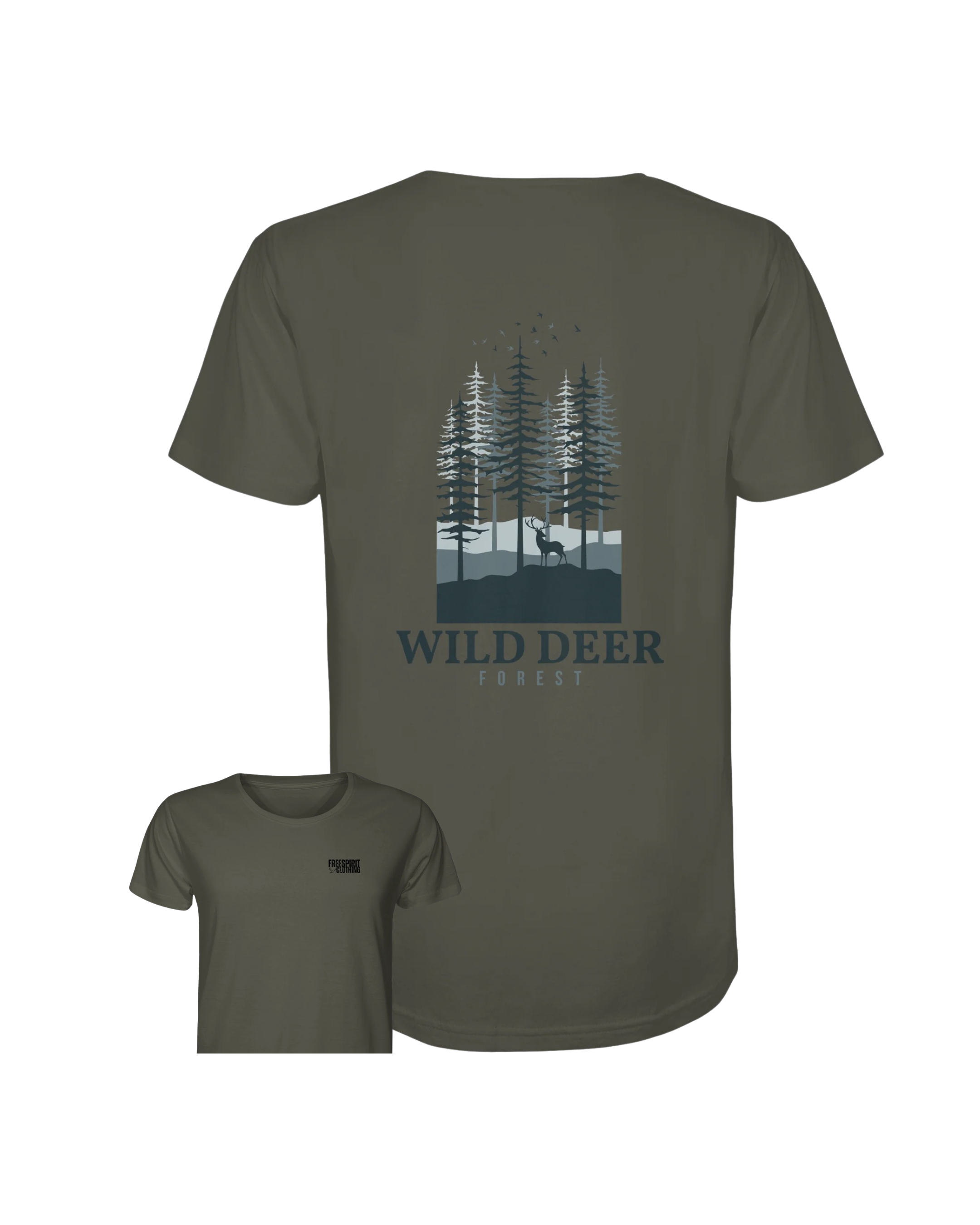 Khakifarbenes T-Shirt aus Bio-Baumwolle mit Wald- und Wildtier-Print, nachhaltige Outdoor-Bekleidung. - WILD DEER – Forest Edition - Organic Shirt