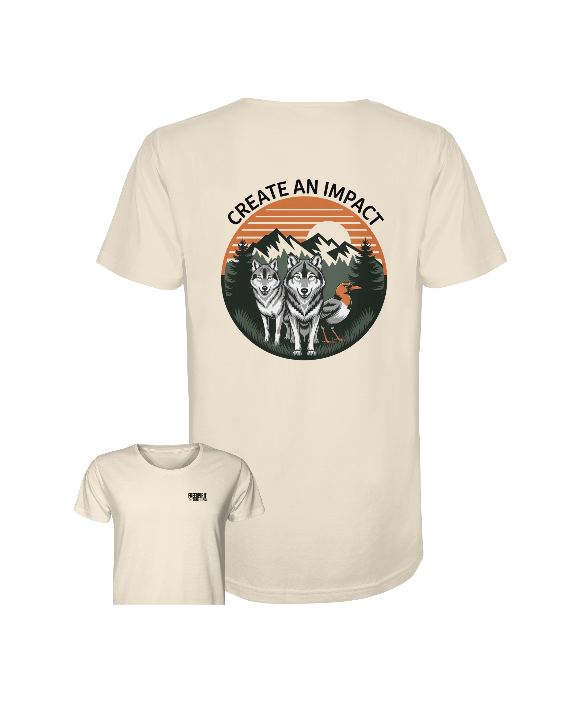 Beiges Bio-Baumwolle Shirt mit Wolf- und Vogel-Design, nachhaltige Outdoor-Bekleidung. - Create an Impact – Wildlife Edition (Wolves & Bird) - Organic Shirt