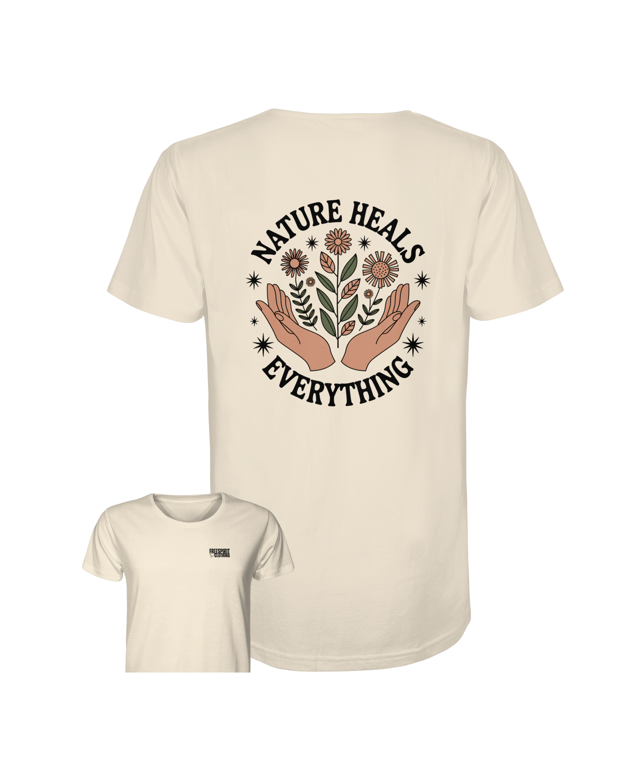 Naturweißes Bio-Baumwolle-Shirt mit nachhaltigem Nature Heals Everything-Print, umweltfreundliche Mode. - Nature Heals Everything - Organic Shirt