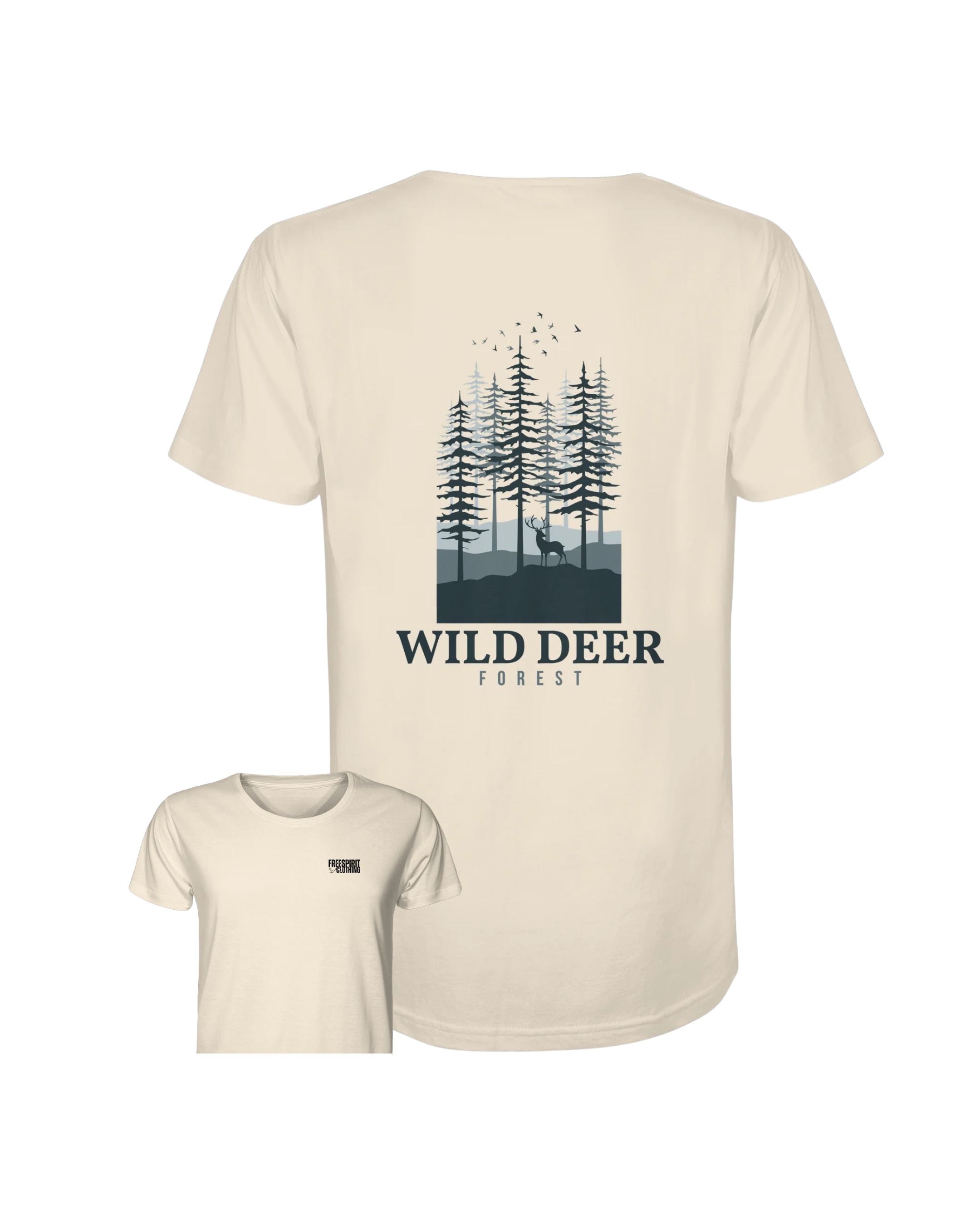 Naturfarbenes Organic Shirt aus Bio-Baumwolle mit Wald- und Wildtier-Print, nachhaltige Outdoor-Bekleidung. - WILD DEER – Forest Edition - Organic Shirt