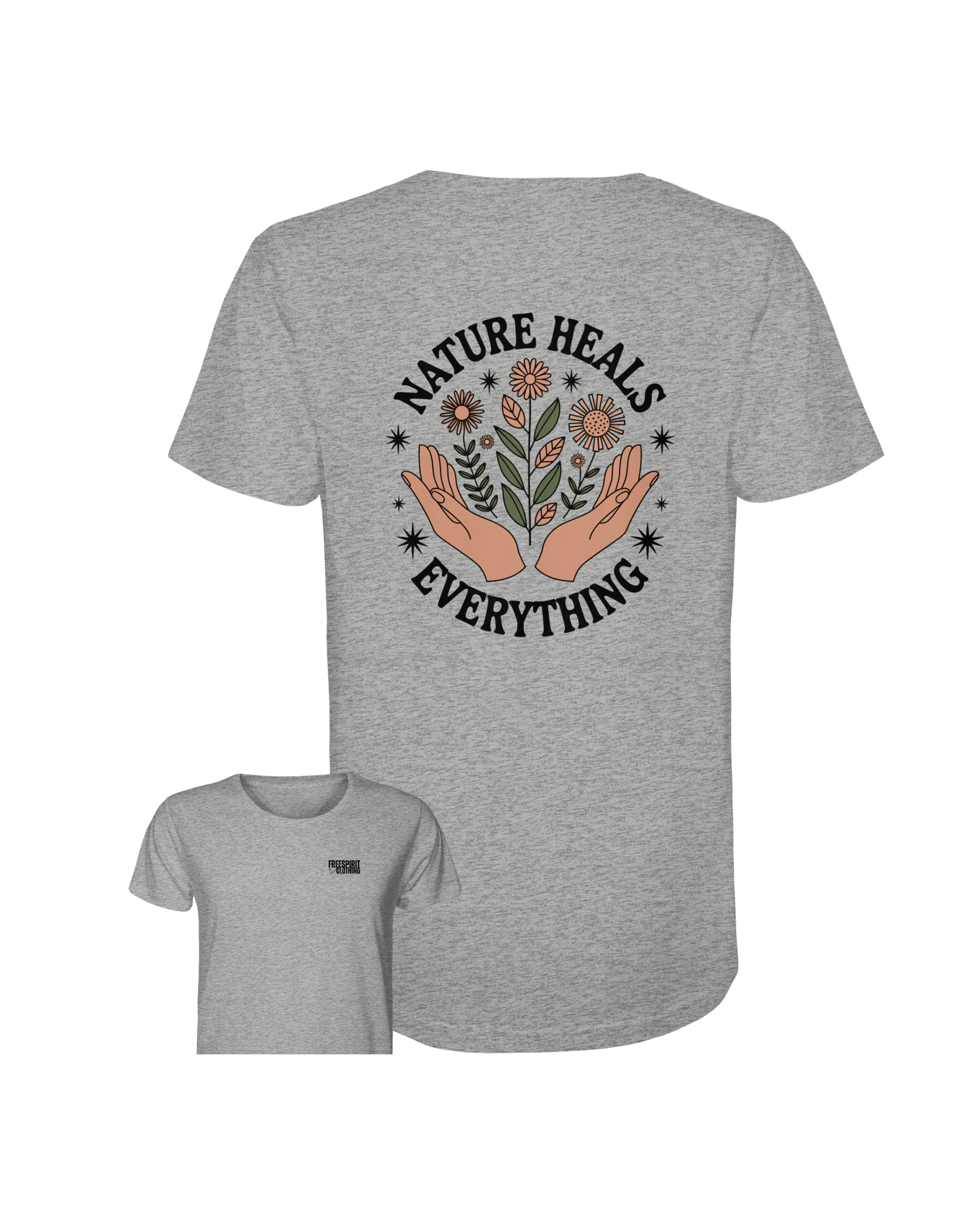 Graues Bio-Baumwolle Shirt mit nachhaltigem Nature Heals Everything Print, umweltfreundliche Mode. - Nature Heals Everything - Organic Shirt