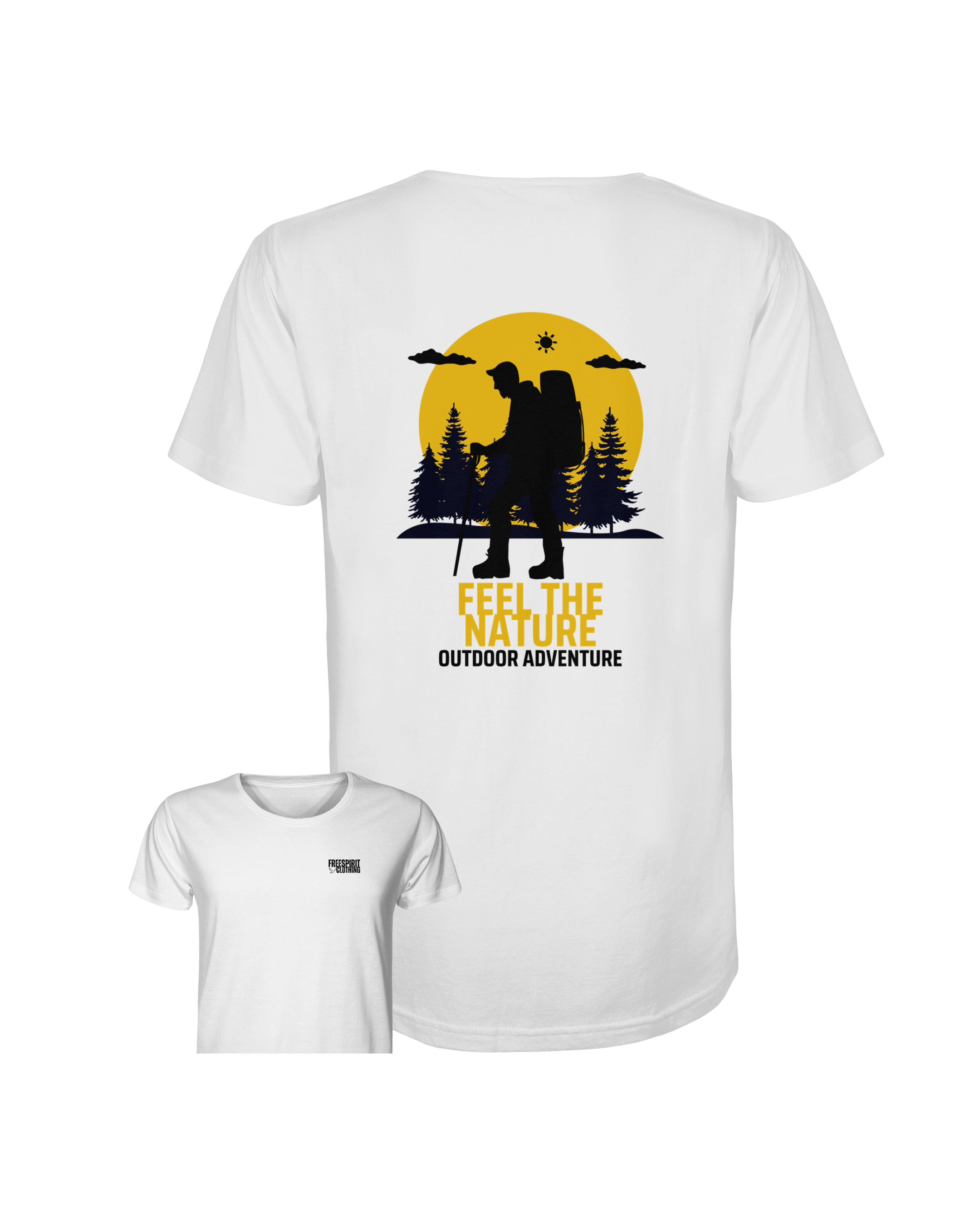 Weißes Bio-Baumwolle Shirt mit nachhaltigem Outdoor-Adventure-Motiv in Gelb und Schwarz, umweltfreundliche Mode. - FEEL THE NATURE – Outdoor Adventure - Organic Shirt