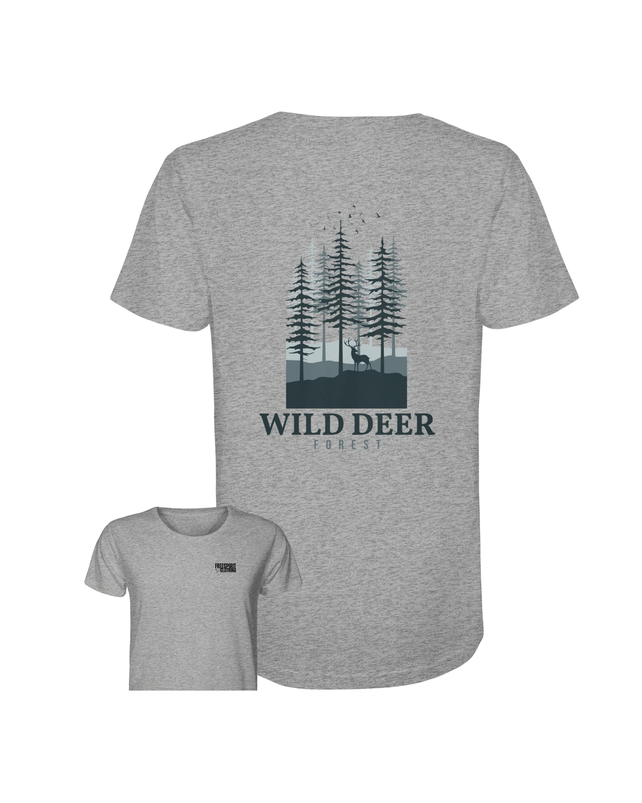 Graues Bio-Baumwolle T-Shirt mit Wald- und Wildhirsch-Print, nachhaltige Outdoor-Bekleidung. - WILD DEER – Forest Edition - Organic Shirt