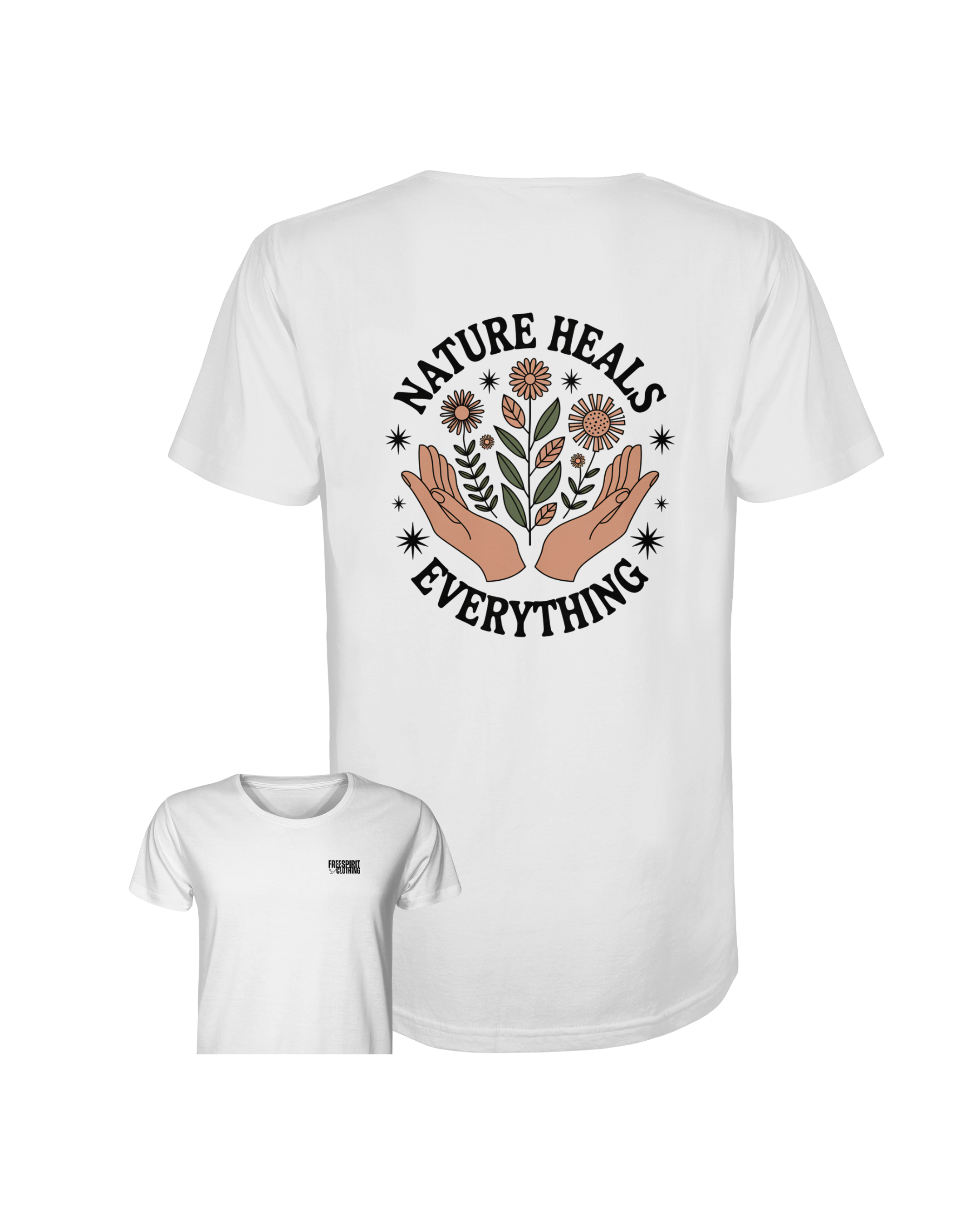 Weißes Bio-Baumwolle-Shirt mit nachhaltigem Aufdruck „Nature Heals Everything“ und floralen Motiven, Organic Outdoor Apparel. - Nature Heals Everything - Organic Shirt