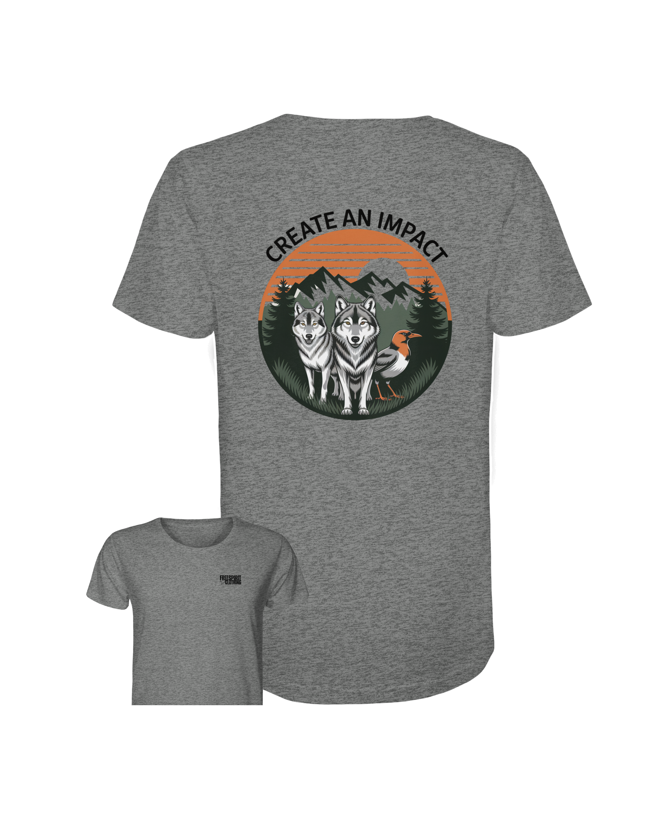 Grau meliertes Bio-Baumwolle Shirt mit Wolfs- und Vogel-Design, nachhaltige Outdoor-Bekleidung. - Create an Impact – Wildlife Edition (Wolves & Bird) - Organic Shirt