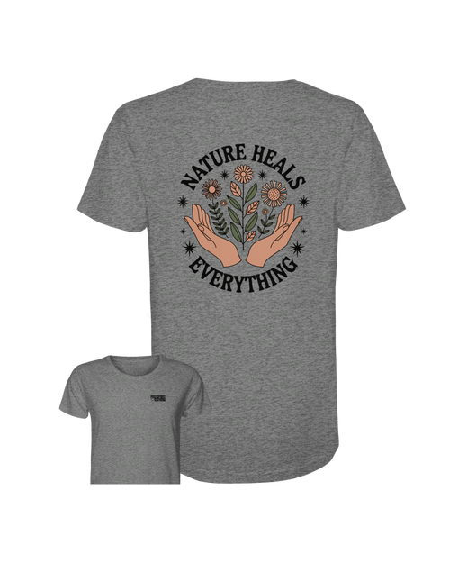 Graues Bio-Baumwolle T-Shirt mit nachhaltigem "Nature Heals Everything" Blumen-Print, umweltfreundliche Mode. - Nature Heals Everything - Organic Shirt