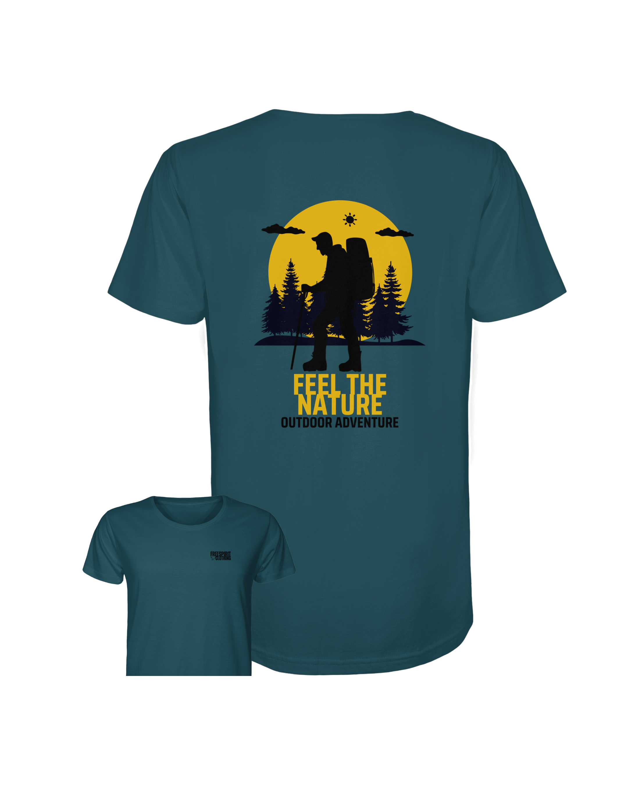 Blaugrünes Bio-Baumwolle T-Shirt mit nachhaltigem Outdoor-Print und Organic Outdoor Apparel Design. - FEEL THE NATURE – Outdoor Adventure - Organic Shirt