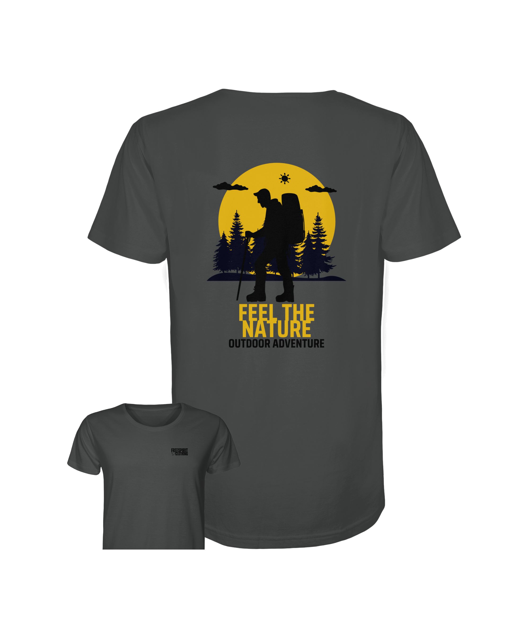 Anthrazitfarbenes Bio-Baumwolle Shirt mit nachhaltigem Outdoor-Abenteuer-Print in gelb und schwarz. - FEEL THE NATURE – Outdoor Adventure - Organic Shirt