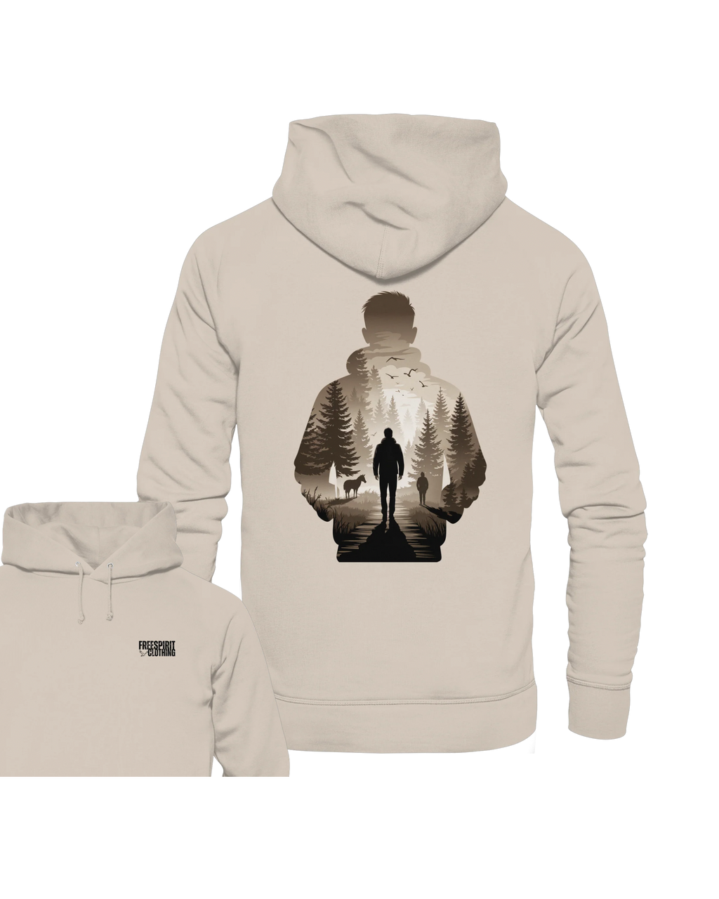 Beiger Bio-Baumwolle Hoodie mit Wald- und Wanderer-Motiv, nachhaltige Outdoor-Bekleidung. - Into the Wild Within - Organic Hoodie