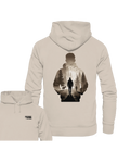 Beiger Bio-Baumwolle Hoodie mit Wald- und Wanderer-Motiv, nachhaltige Outdoor-Bekleidung. - Into the Wild Within - Organic Hoodie