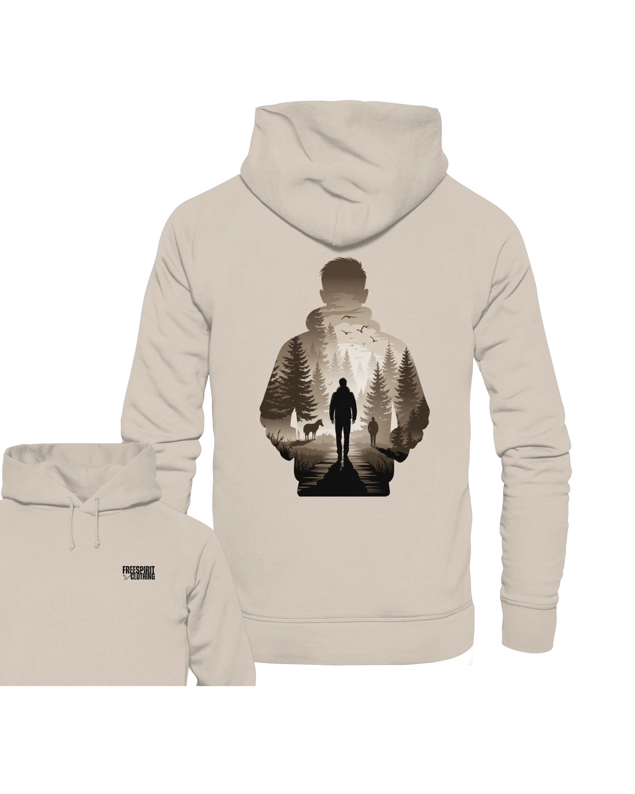 Beiger Bio-Baumwolle Hoodie mit Wald- und Wanderer-Motiv, nachhaltige Outdoor-Bekleidung. - Into the Wild Within - Organic Hoodie