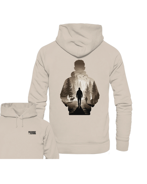 Beiger Bio-Baumwolle Hoodie mit Wald- und Wanderer-Motiv, nachhaltige Outdoor-Bekleidung. - Into the Wild Within - Organic Hoodie