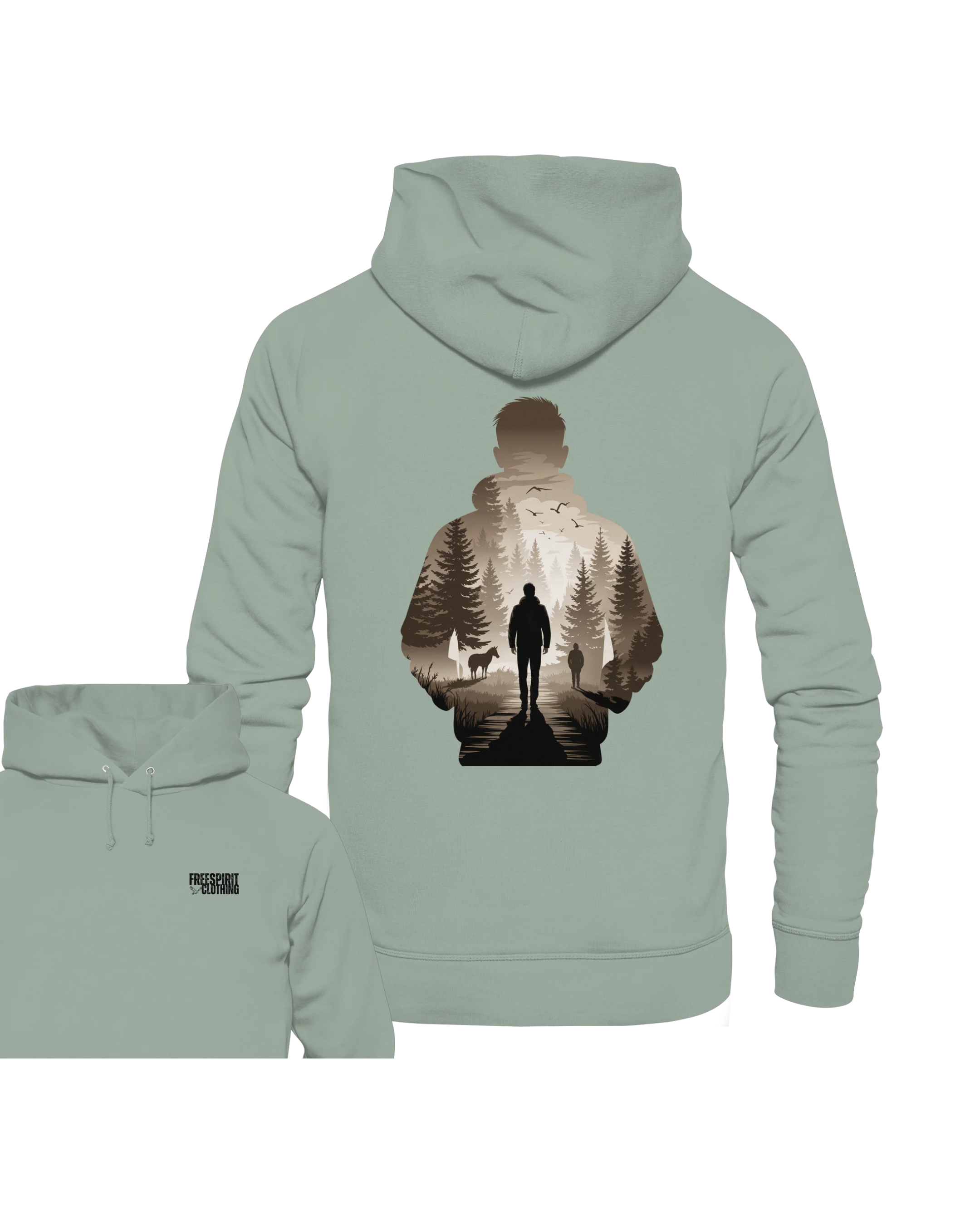 Hellgrüner Bio-Baumwolle Hoodie mit Wald- und Wanderer-Print, nachhaltige Outdoor-Bekleidung. - Into the Wild Within - Organic Hoodie