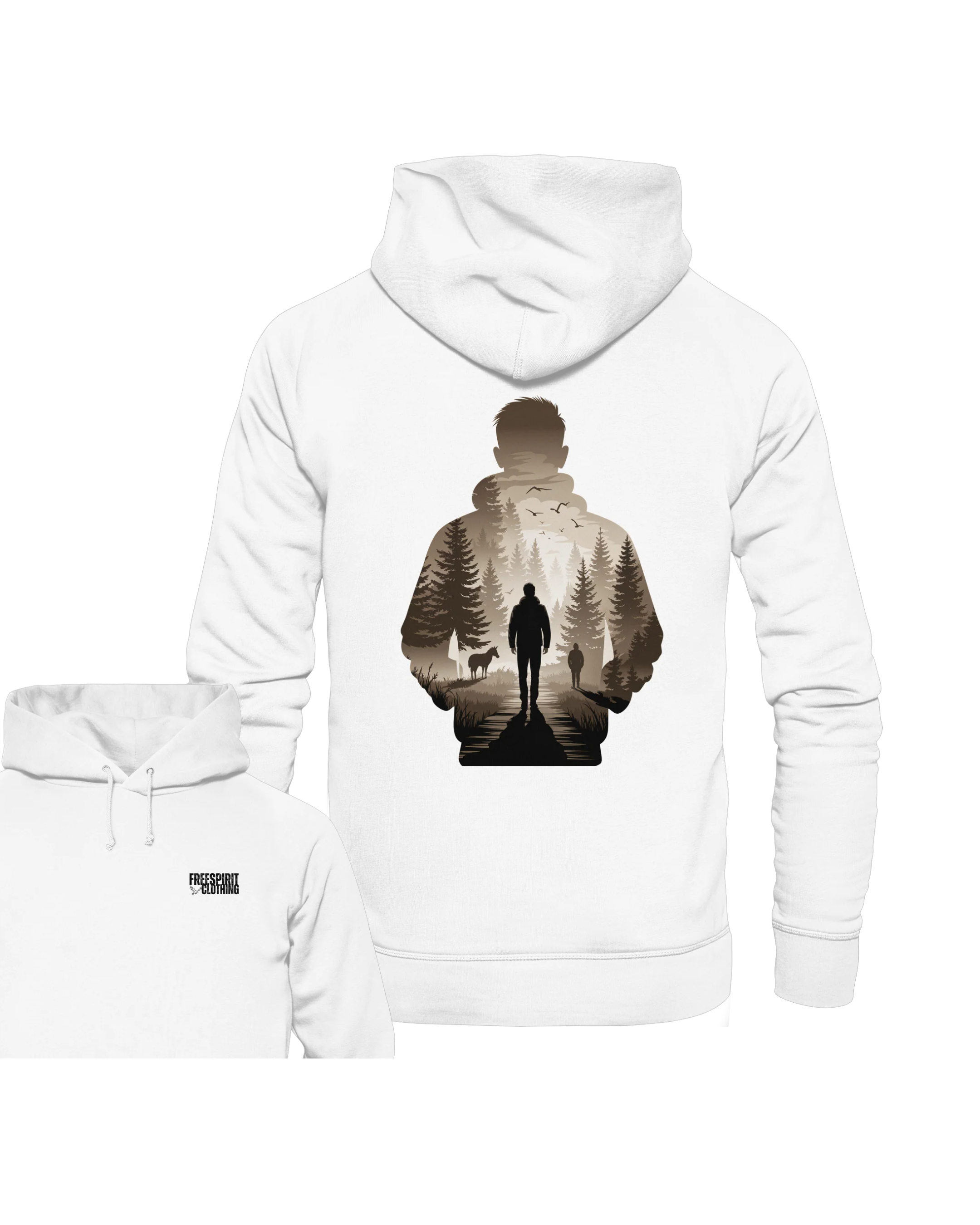 Weißer Organic Hoodie mit Hoodie, Frontlogo und großem Natur-Double-Exposure-Print, nachhaltige Outdoor-Bekleidung aus. - Into the Wild Within - Organic Hoodie