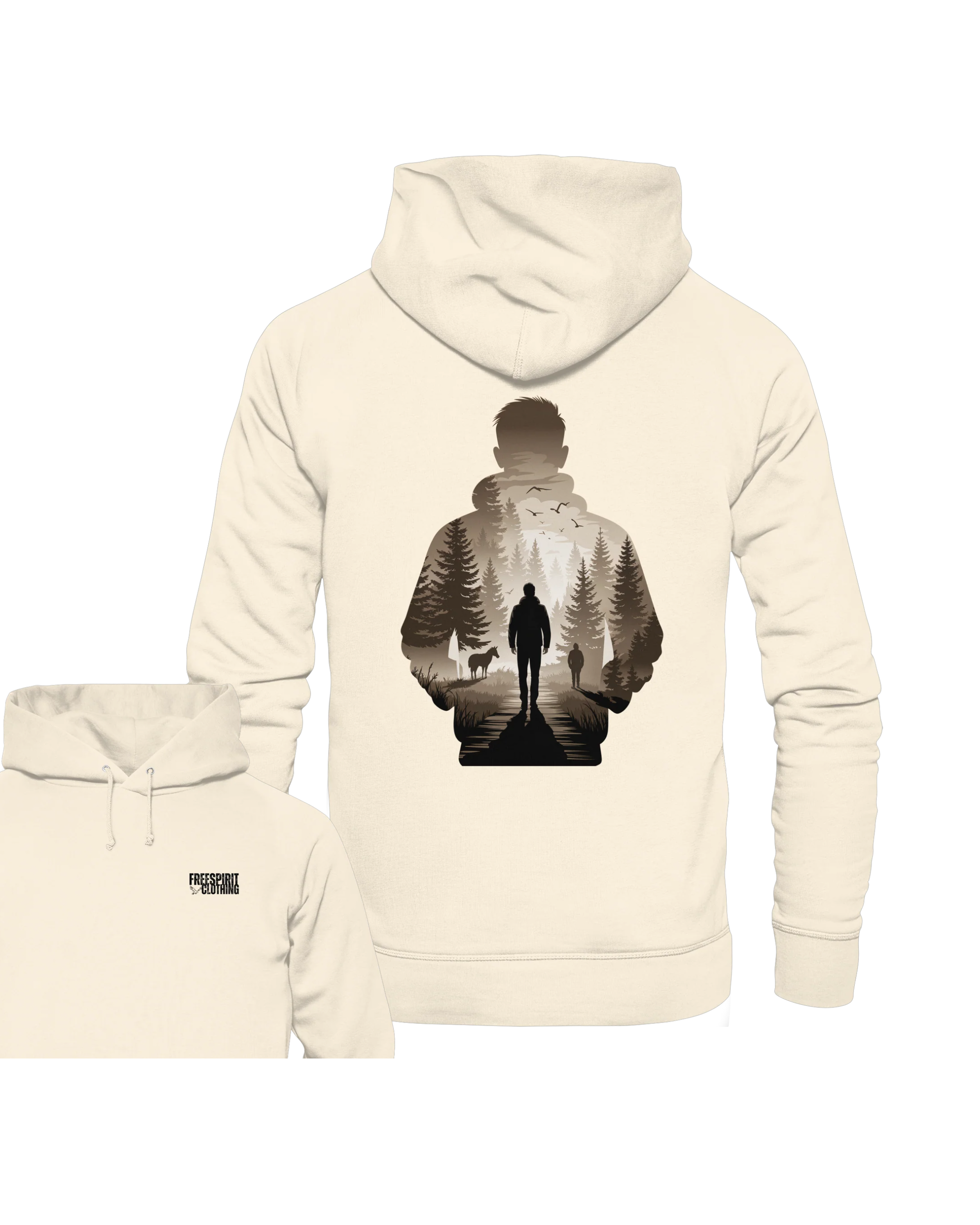 Beiger Organic Hoodie aus Bio-Baumwolle mit Natur-Motiv, nachhaltige Outdoor-Bekleidung. - Into the Wild Within - Organic Hoodie