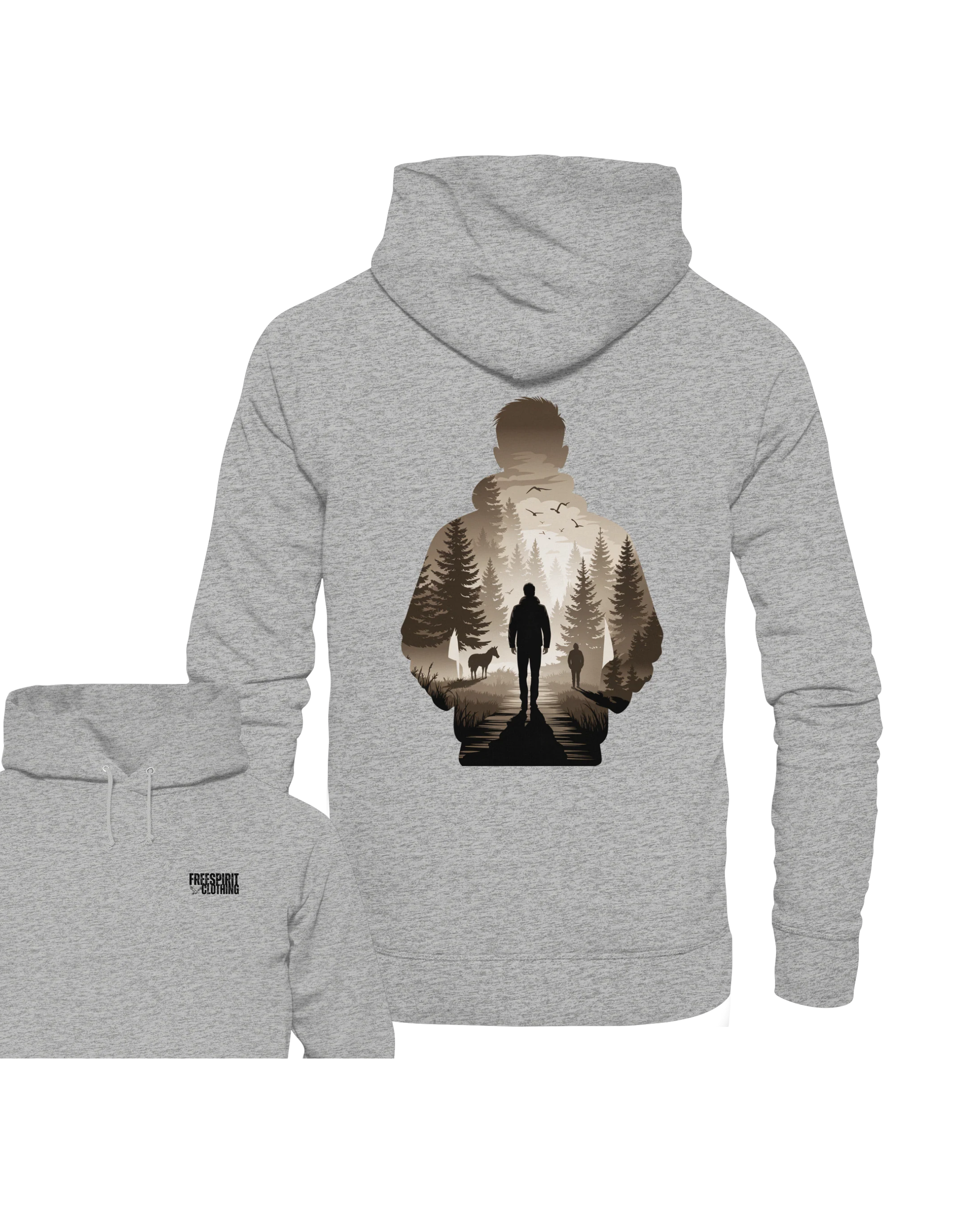 Hellgrauer Hoodie aus Bio-Baumwolle mit Outdoor-Motiv, nachhaltige Shirts/Hoodies in umweltfreundlicher Mode. - Into the Wild Within - Organic Hoodie